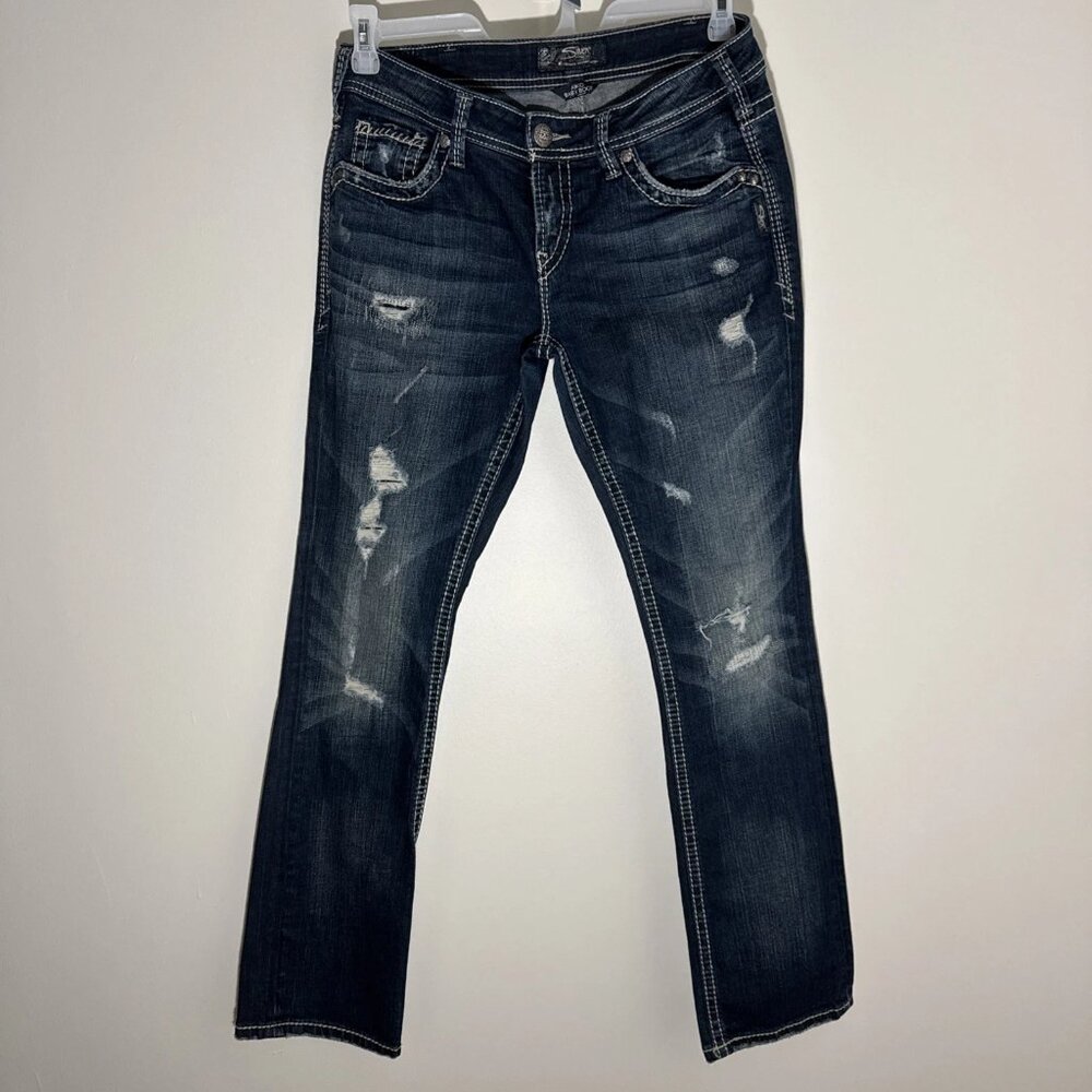 Silver Jeans Aiko Baby Boot W30/L33 Mid Rise Bootcut/Straight Embroidered Dark W